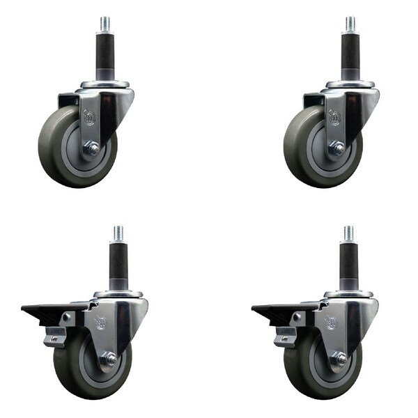 3.5'' Gray Poly Wheel Swivel 1'' Expanding Stem Caster Set 2 Brakes, 4PK